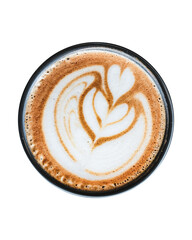 Espresso coffee - black cup picture in transparent background with heart art mixed with milk. Barista coffee art with latte milk on top. Delicious espresso latte coffee top down	