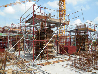 MALACCA, MALAYSIA -APRIL 26, 2016: Column form work made from timber and plywood fabricated at the construction site by workers. 