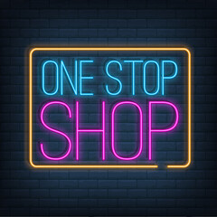 Fototapeta na wymiar One Stop Shop neon sign vector on a brick wall. Shoping design template, light banner, night signboard.. Vector illustration.