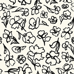 Line art wild flowers seamless repeat pattern. Random placed, vector florals with leaves all over surface print on white background.