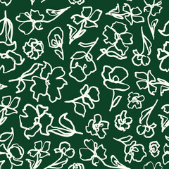 Abstract floral seamless repeat pattern. Random placed, vector flowers with leaves all over surface print on dark green background.