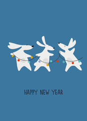 Happy New Year greeting card with Water Rabbit, zodiac animal for 2023. Funny Chinese horoscope rabbit and hand-lettered greeting phrase