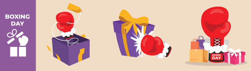 Boxing glove coming out of gift and box glove boxing box. Boxing day set concept. Colored flat graphic vector illustration isolated.