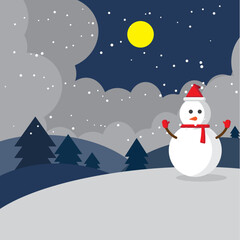 Winter night, the moon is in the sky. snowman vector illustration for banners and postcards.