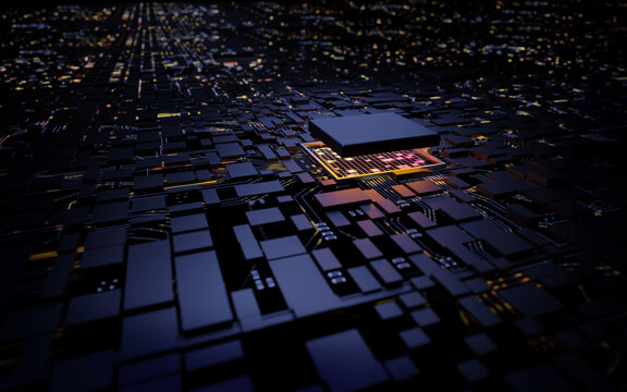 3D rendering microprocessor CPU chipset central processor unit on the illumination circuit computer mainboard. Cyber and futuristic concept, hardware, AI, electronics and technology, with copy space