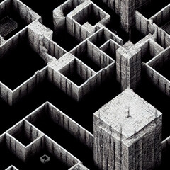 black and white maze of walls, seamless pattern