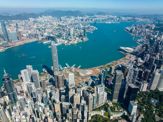Drone fly up to Hong Kong city