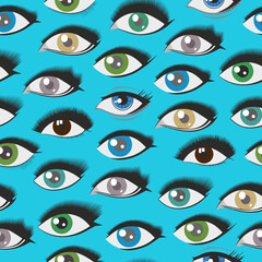 Female eyes in different shapes. Seamless pattern. Blue background. Make up tutorial. Set or collection. Eyelashes. Wrapping paper, fabric, print, textile.