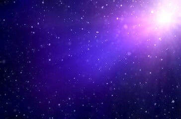 Snow falling in rays of single light glare on deep blue sapphire color night sky. Winter blur empty background.