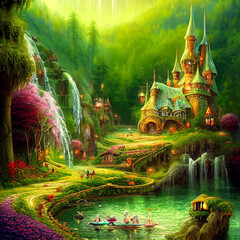 Fototapeta premium Beautiful Fairies and Elves village fantasyland