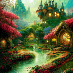 Fototapeta premium Beautiful Fairies and Elves village fantasyland