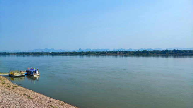 The good view and the boat of the Mekong river from the calm day.