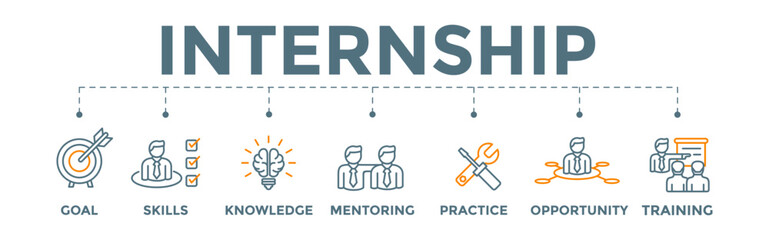 Internship banner web vector illustration icon with goal, skills, knowledge, mentoring, practice, opportunity, and training icon