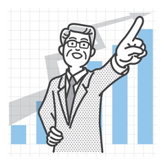 好業績のグラフを背景にした眼鏡をかけたビジネスマンのイラスト