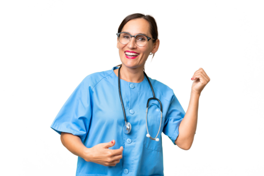 Middle-aged nurse woman over isolated background making guitar gesture