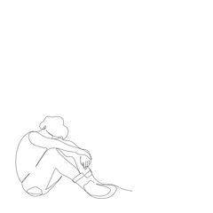 Fototapeta premium One depression man is sitting face down on his knees isolated vector illustration in single line drawing style.Alone Teenager is tried and be absent-minded vector continue line concept healthcare.