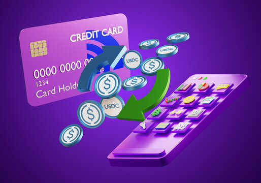 Exchange of USD coins. USDC cryptocurrency on purple. USDC exchange via phone. Credit card to buy USDC. Fiat dollar exchange. Application for traders concept. Stablecoin, blockchain, money. 3d image