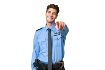 Young police man over isolated background points finger at you with a confident expression