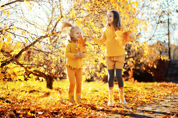Fototapeta premium Happy joyful little kid walking in beautiful autumn forest, child playing and having fun during walk in nature. Family outdoors