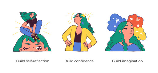 Educational and Self-Development. Concept for trainings, seminars, online courses. Build self-reflection, Build confidence, Build imagination. Visual stories collection