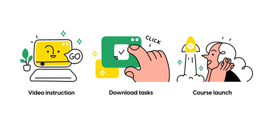 Educational and Self-Development. Concept for trainings, seminars, online courses. Video instructions, Download tasks, Course launch. Visual stories collection