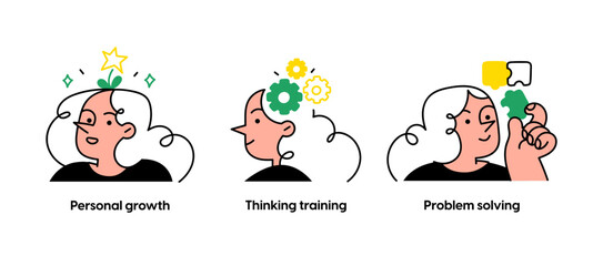 Educational and Self-Development. Concept for trainings, seminars, online courses. Personal growth, Thinking training, Problem solving. Visual stories collection