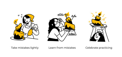 Personal, professional growth and self development business concept illustrations. Take mistakes lightly, Learn from mistakes, Celebrate practicing. Visual stories collection