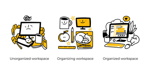 Personal, professional growth and self development business concept illustrations. Unorganized workspace, Organized workspace. Visual stories collection