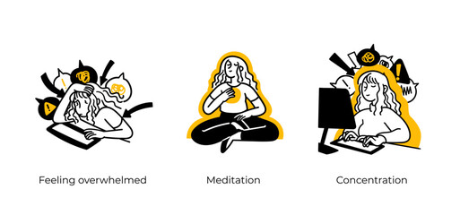 Personal, professional growth and self development business concept illustrations. Feeling overwhelmed, Meditation, Concentration. Visual stories collection