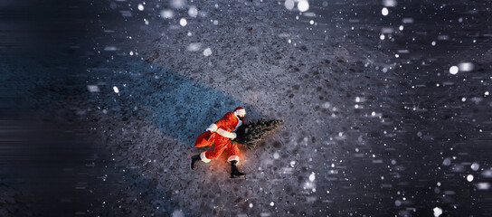 Santa Claus on ice skates goes to Christmas. Santa Claus hurries to meet the New Year with gifts and Christmas tree.