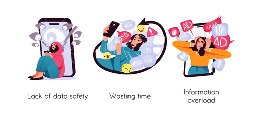 Modern social media problems, peculiarities and differences. Concept business illustrations. Lack of data safety, Wasting time, Information overload. Visual stories collection