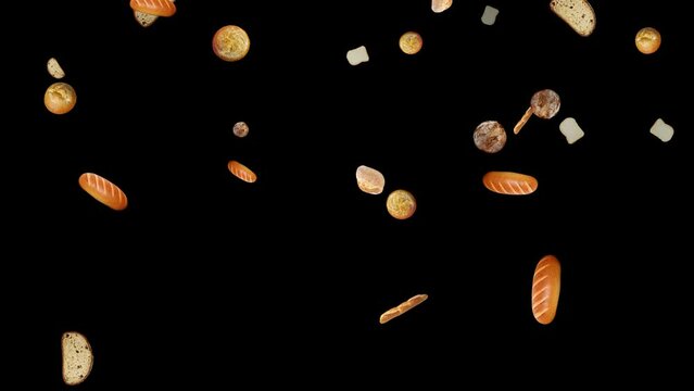 Isolated Bread Fall Slowly. Baked Wheat Products. Overlay. 24fps