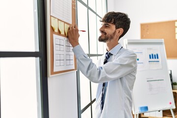 Young hispanic businessman smiling happy writing on corkboard at the office.