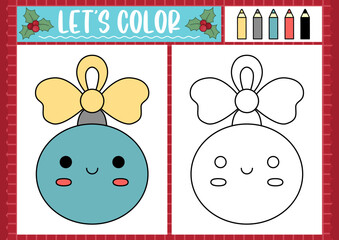Christmas coloring page for children with cute kawaii colored ball. Vector winter holiday outline illustration. Color book for kids with colored example. Drawing skills printable worksheet.