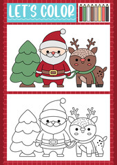 Christmas coloring page for children with cute kawaii tree, Santa Claus, deer. Vector winter holiday outline illustration. Color book for kids with example. Drawing skills printable worksheet
