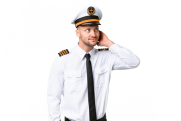 Airplane pilot man over isolated background thinking an idea