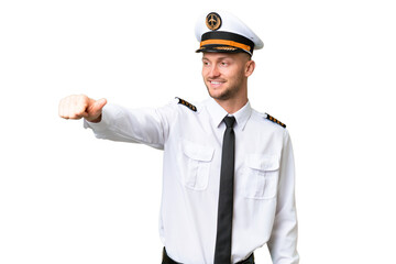 Airplane pilot man over isolated background giving a thumbs up gesture