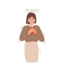 Woman in Panic attack. Cartoon flat vector illustration. Woman has chest pain and vertigo, trembling. 