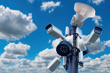 Street video surveillance. Cameras and loudspeaker on pole. City security system. Surveillance...