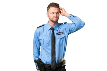 Young police man over isolated background having doubts and with confuse face expression