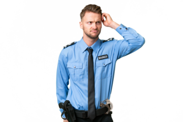 Young police man over isolated background having doubts and with confuse face expression