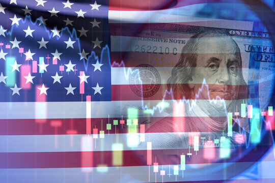 US financial market. American bond market. Quotes and American flag. Dollar bill symbolizes economy of United States. US financial reserve system. Trading in US financial market. 3d image