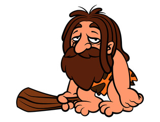 Naklejka premium Cartoon illustration of Caveman wearing sabertooth skin outfit and carrying a cudgel. Best for sticker, logo, and mascot with stone age themes for kids