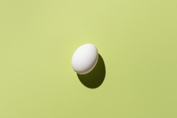 One white egg on a colored green background with a shadow from sunlight