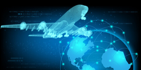 3D rendering illustration aeroplane with world maps blueprint glowing neon hologram futuristic show technology security for premium product business finance  transportation