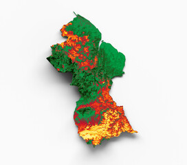 Guyana map with the flag Colors Red Green and yellow Shaded relief map 3d illustration