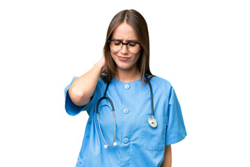 Young nurse caucasian woman over isolated background with neckache