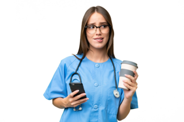 Young nurse caucasian woman over isolated background holding coffee to take away and a mobile while thinking something