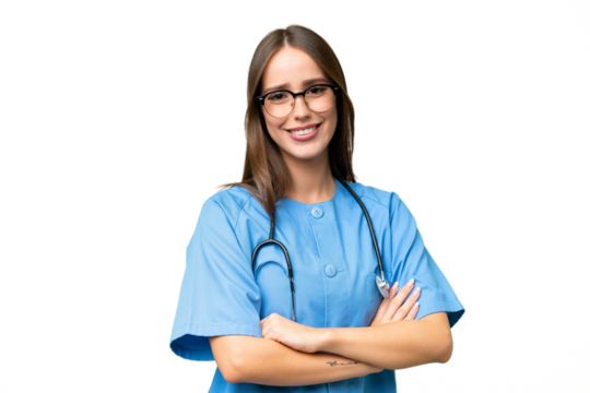 Young nurse caucasian woman over isolated background with arms crossed and looking forward