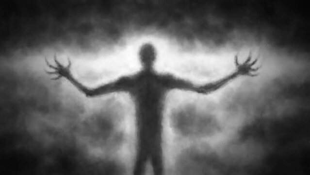 Scary Demon Sorcerer Rises And Spreads His Arms. Dawn Of Dark Force. Horror Fantasy 2D Animation. Gloomy Animated Video Clip. Mystical Shadow And Ghost. Gothic Cruel Male Character. Grunge Effect.